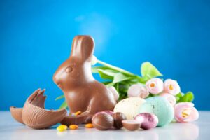 Easter chocolate bunny candy eggs flowers